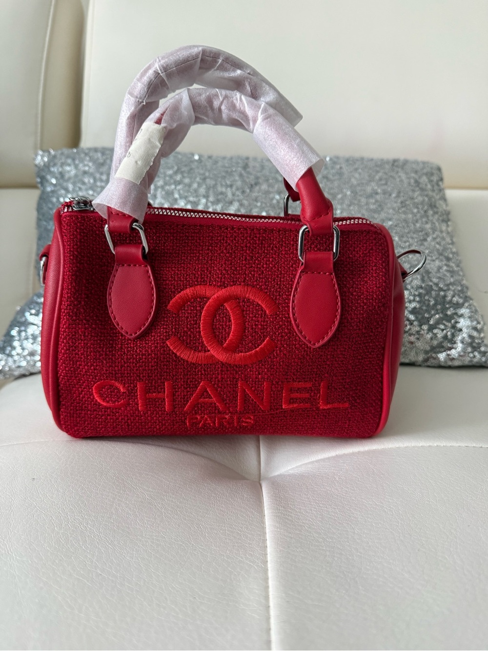 Designer inspired Ch@nel Red Mini Top-Handle Bowling Bag - Picture 2 of 5